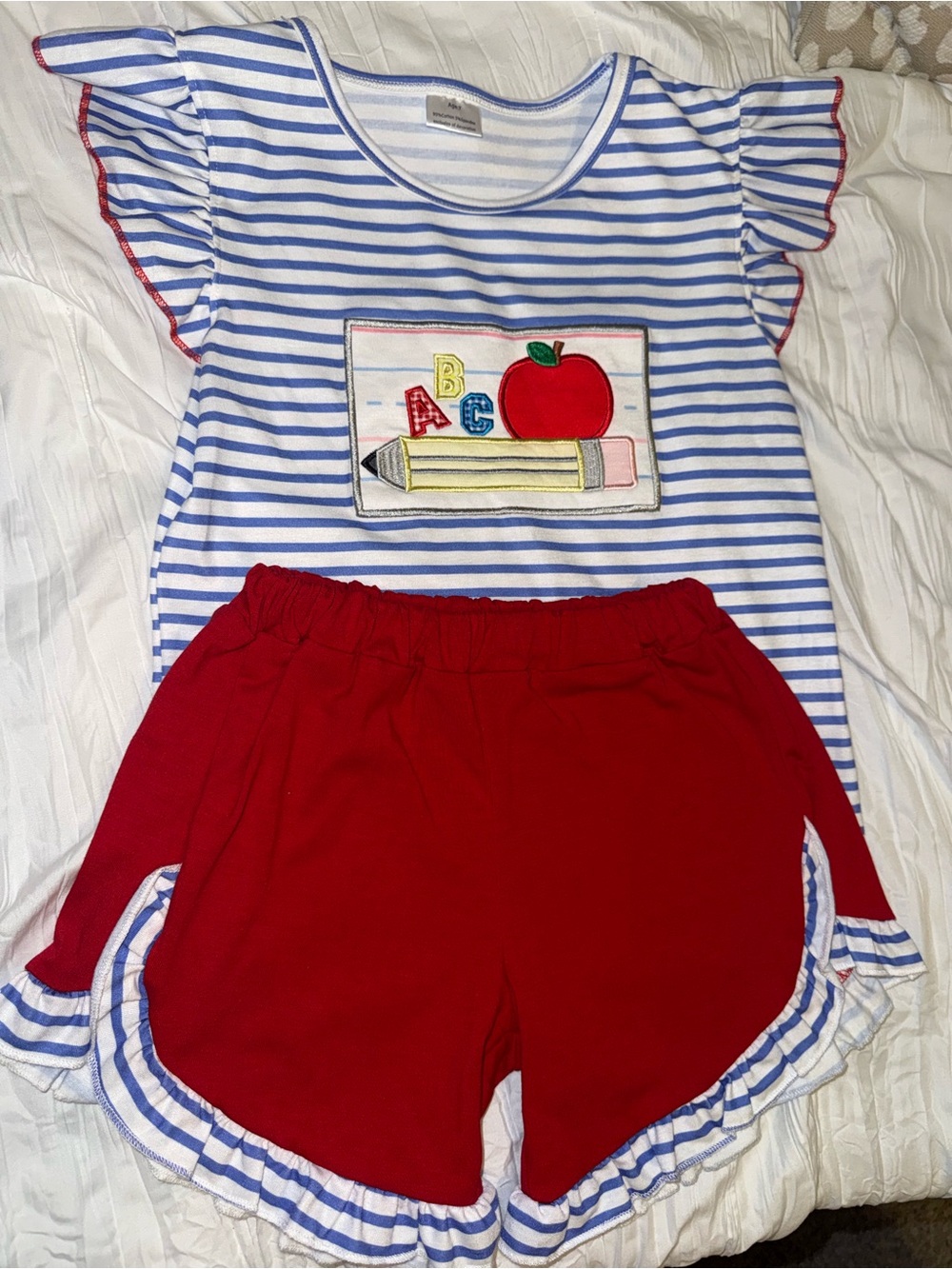 Striped Blue & White Top with Red Ruffle Shorts Set - Picture 2 of 9